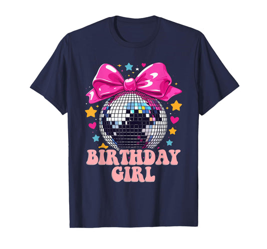Birthday Girl Pink Bow Disco Ball Stars Party T-Shirt