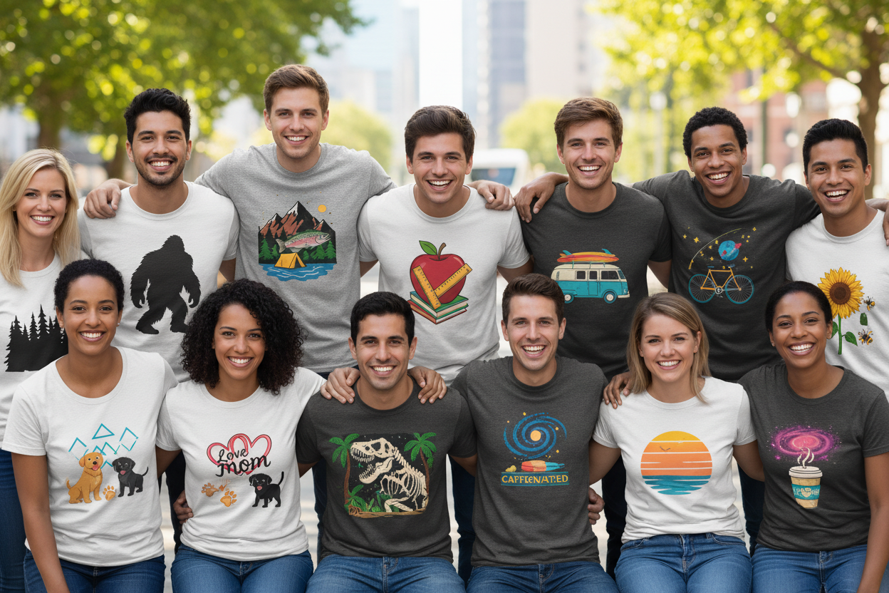 Tạo ảnh banner kích thước 1200x400px cho store chuyên bán áo thun print on demand thị trường usa, banner là ảnh 1 nhóm lớn khoảng 15 người vui vẻ giới thiệu các mẫu áo đa dạng thuộc nhiều chủ đề khác nhau (big foot, adventure, fishing, teacher, love mom, love dog, dinosaur,…) Bỏ tất chữ liên quan đến thương hiệu và chữ Shop Now
Lưu ý: Design trên áo chỉ hiển thị ở trước áo, không hiển thị ở cánh tay hay vị trí khác
